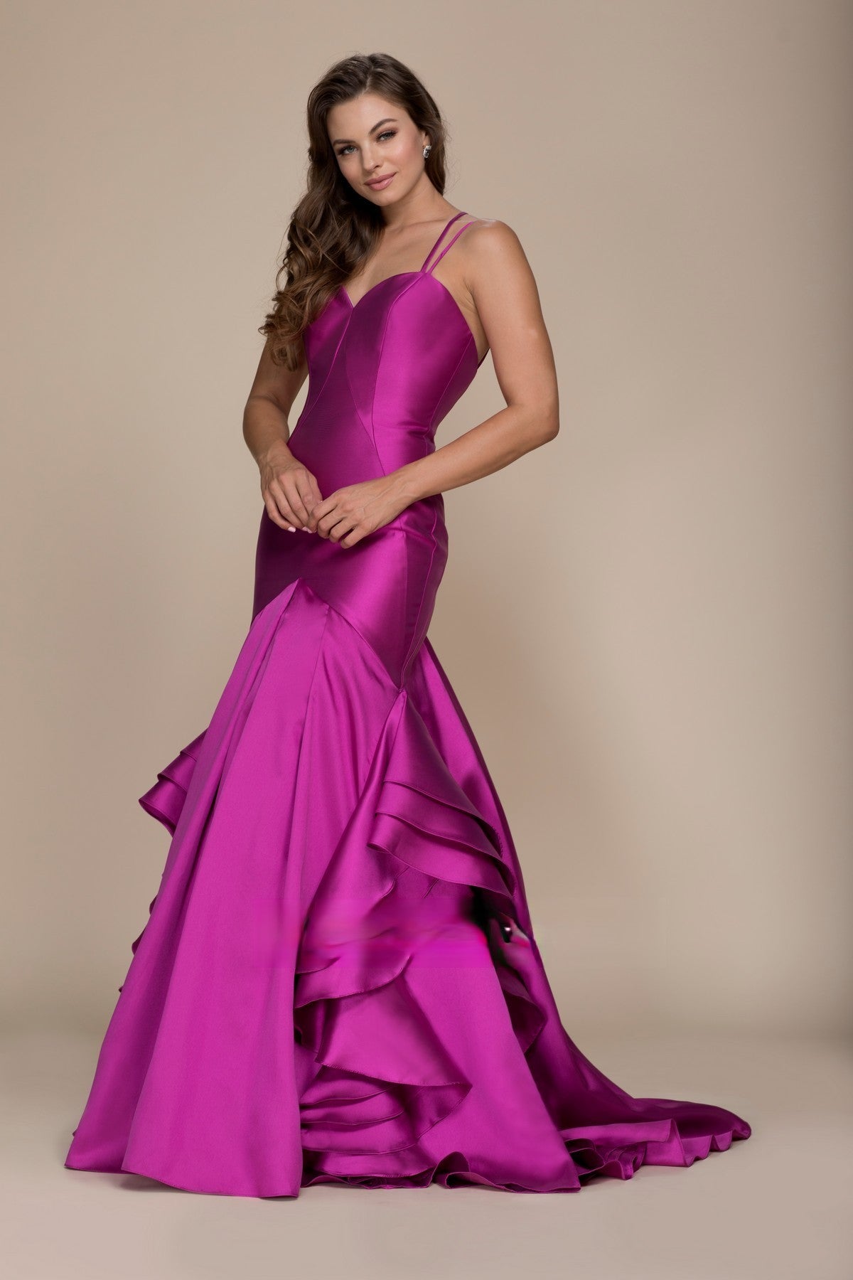 Layered Mermaid Satin Open Criss Cross Back Long Prom Dress NXC034