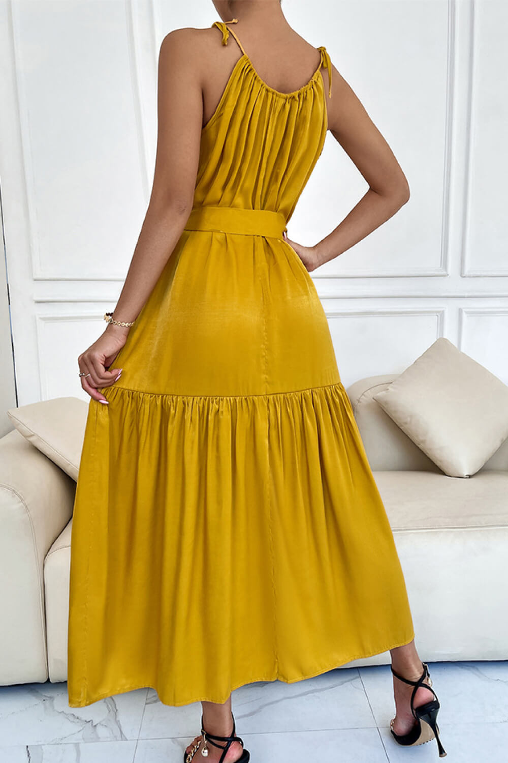 Tie-Waist Sleeveless Ruffle Hem Maxi Dress