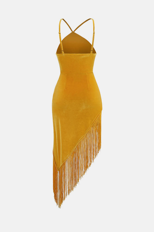 Velvet Twisted Asymmetrical Fringe Hem Dress