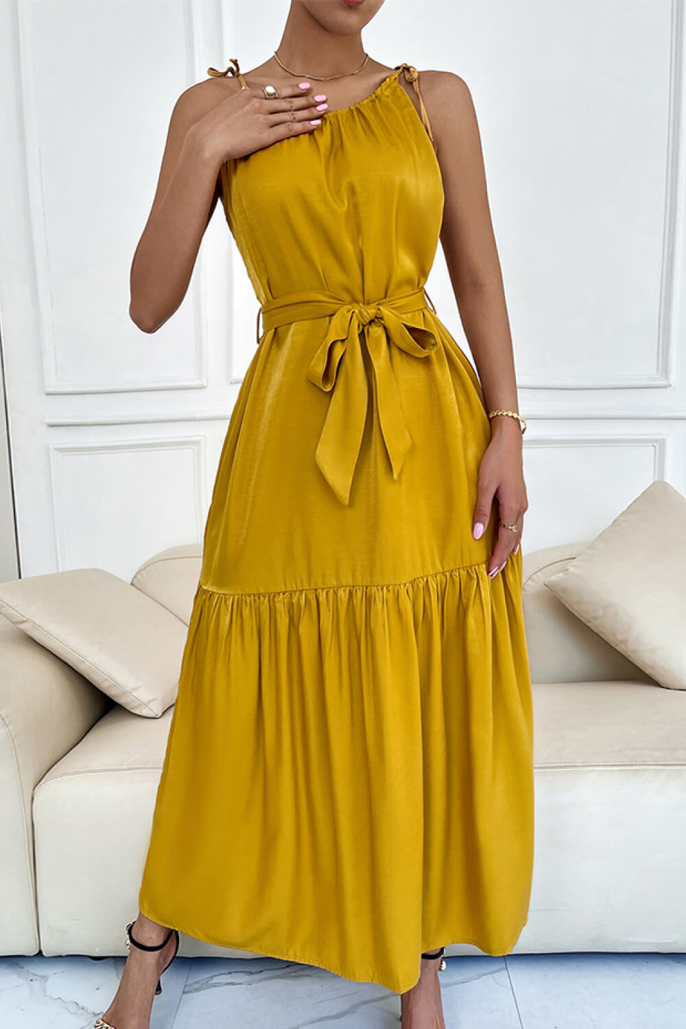 Tie-Waist Sleeveless Ruffle Hem Maxi Dress