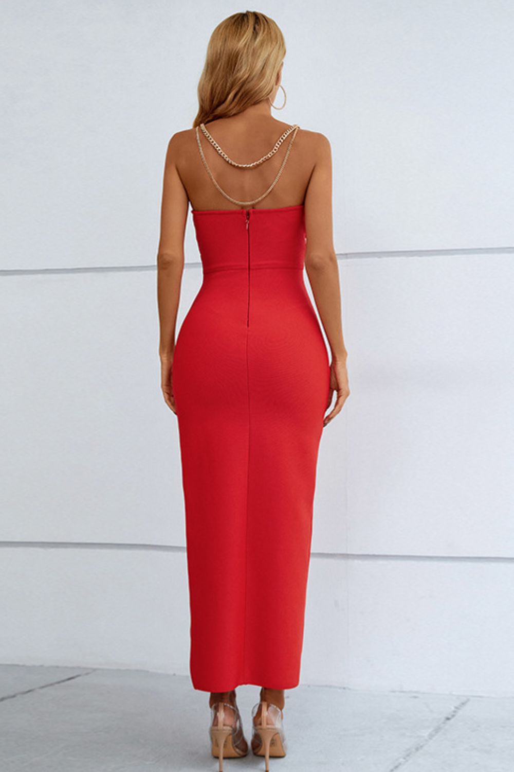 Chain Detail Side Split Sweetheart Neck Maxi Dress