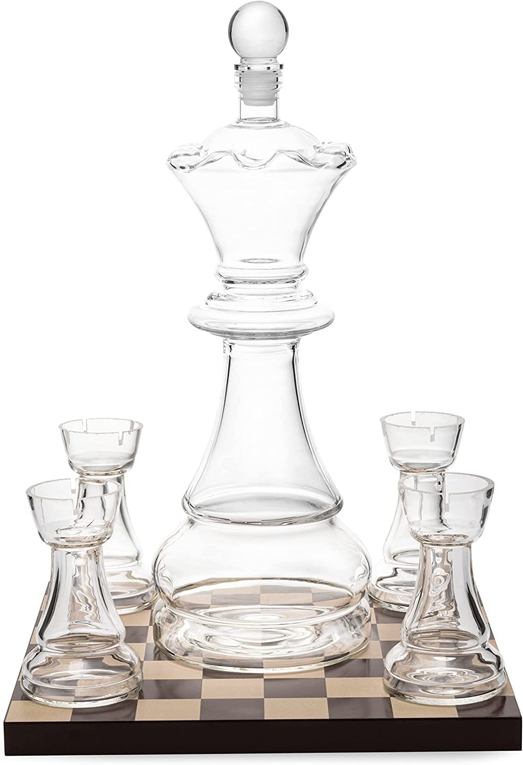 New Chess Decanter Set by The Wine Savant - Queen Chess Decanter 750ml 12" H With 4 Rook Shot Glasses 4oz - Queen's Gambit, Chess Player Gifts, Whiskey, Wine Lovers!