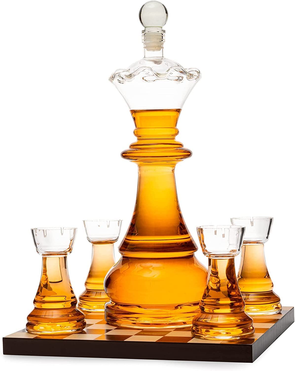 New Chess Decanter Set by The Wine Savant - Queen Chess Decanter 750ml 12" H With 4 Rook Shot Glasses 4oz - Queen's Gambit, Chess Player Gifts, Whiskey, Wine Lovers!