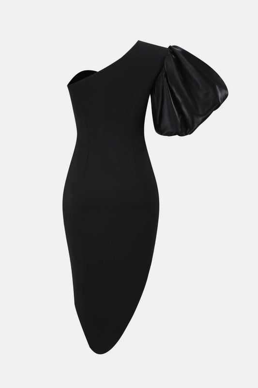 Puff Sleeve Deep V Asymmetrical Hem Dress