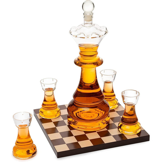 New Chess Decanter Set by The Wine Savant - Queen Chess Decanter 750ml 12" H With 4 Rook Shot Glasses 4oz - Queen's Gambit, Chess Player Gifts, Whiskey, Wine Lovers!