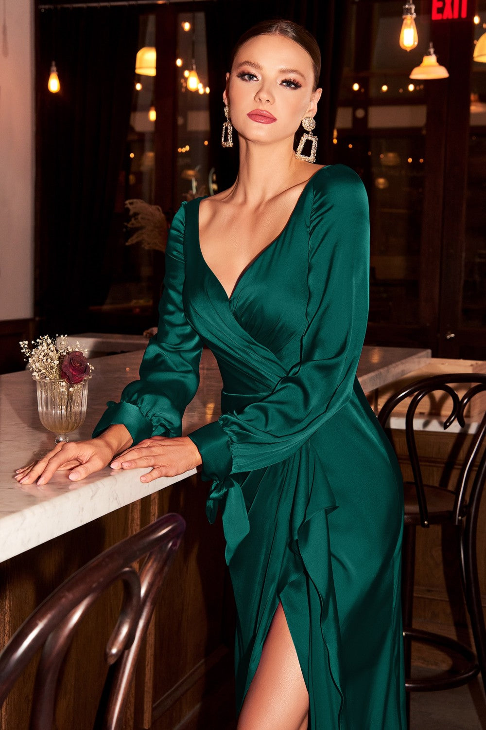 Wrap-Effect Fashion Long Sleeve Satin Gown Floor-Length Skirt with a L West Cherry Clothing Wrap-Effect Fashion Long Sleeve Satin Gown Floor-Length Skirt with a L West Cherry Clothing