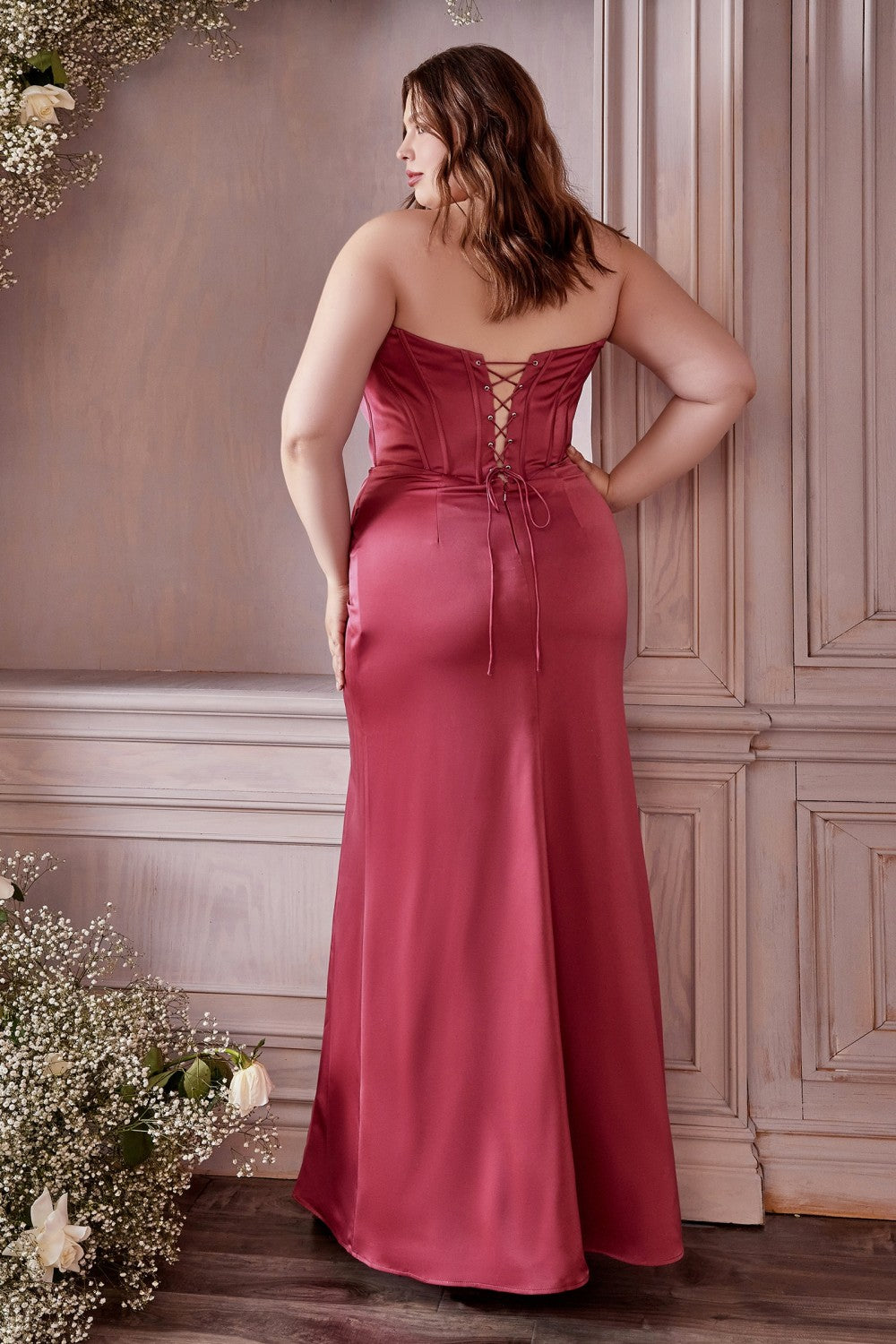 Satin Off the shoulder Prom & Evening Dress Vintage Laced Corset Wrapped on a Wait with High Leg Slit Gown CD7484C