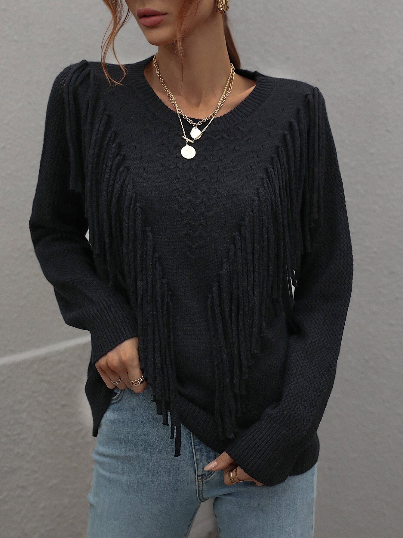 Fringe Detail Ribbed Trim Sweater