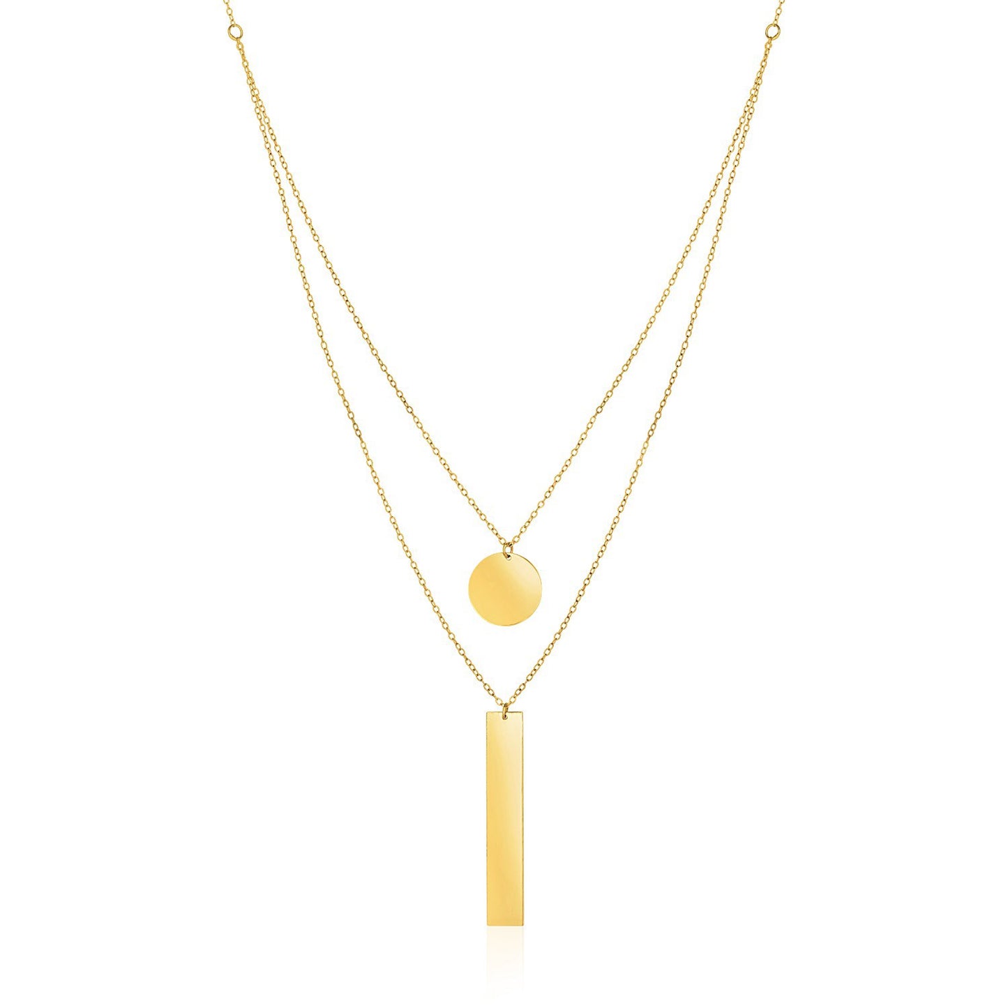 14k Yellow Gold 18 inch Two Strand Necklace with Circle and Bar Pendants