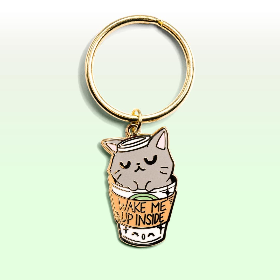 "Wake Me Up Inside" Coffee Cat Enamel Pin + Keychain + Vinyl Sticker BUNDLE [3 PCS]