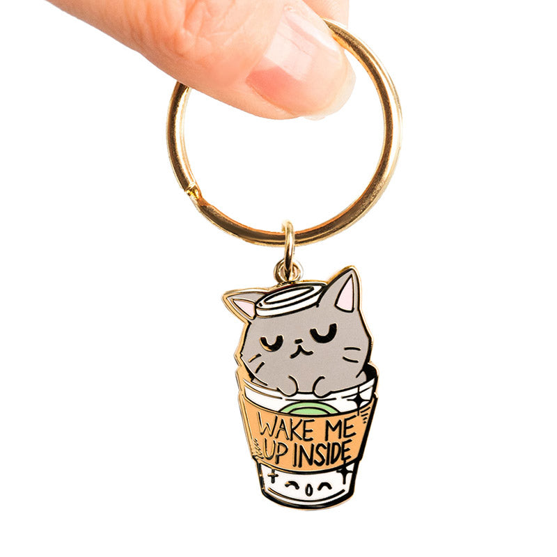 "Wake Me Up Inside" Coffee Cat Enamel Pin + Keychain + Vinyl Sticker BUNDLE [3 PCS]