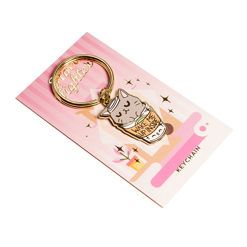 "Wake Me Up Inside" Coffee Cat Enamel Pin + Keychain + Vinyl Sticker BUNDLE [3 PCS]