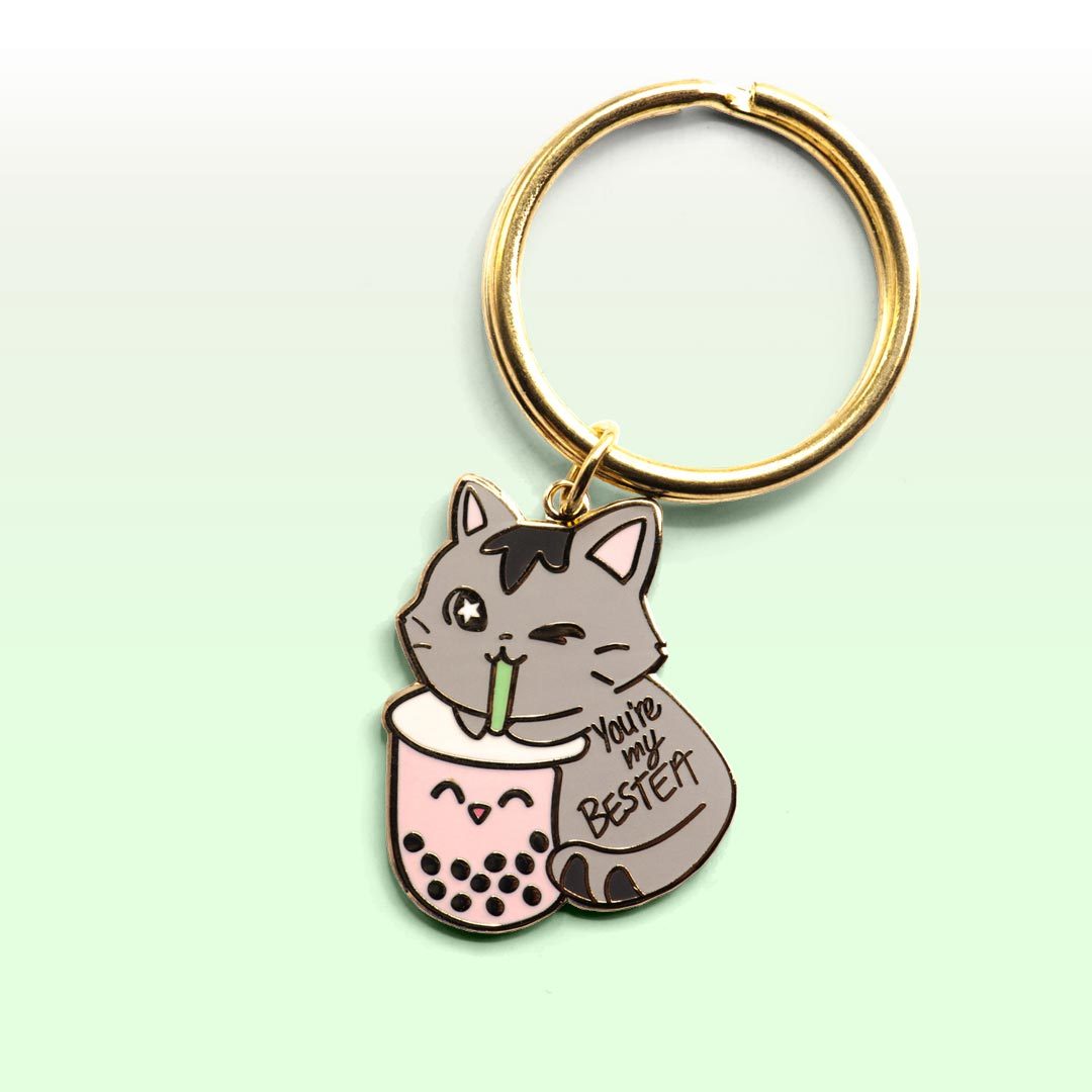 You're My Bestea Boba Cat Enamel Pin + Keychain + Vinyl Sticker BUNDLE [3 PCS]