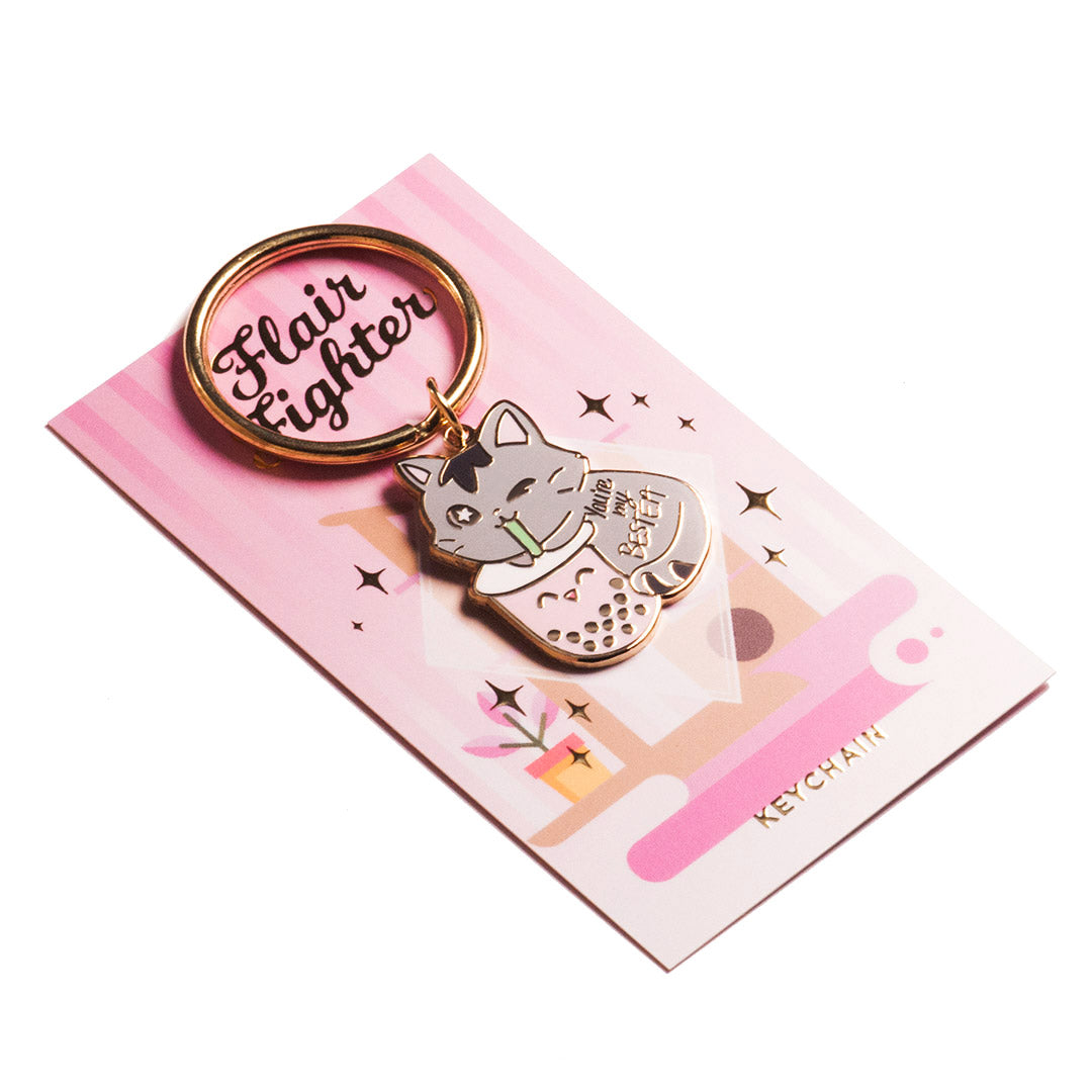 You're My Bestea Boba Cat Enamel Pin + Keychain + Vinyl Sticker BUNDLE [3 PCS]