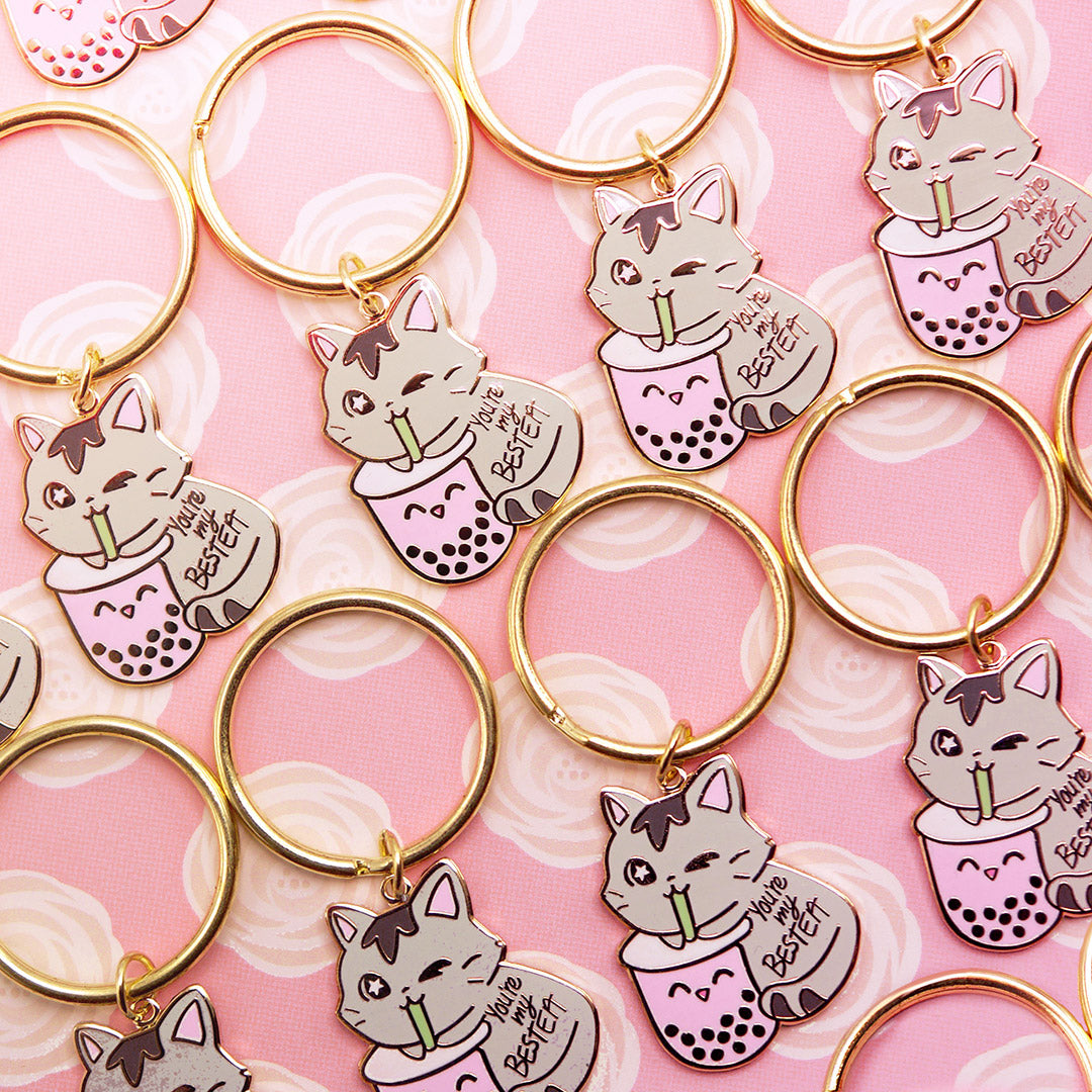 You're My Bestea Boba Cat Enamel Pin + Keychain + Vinyl Sticker BUNDLE [3 PCS]