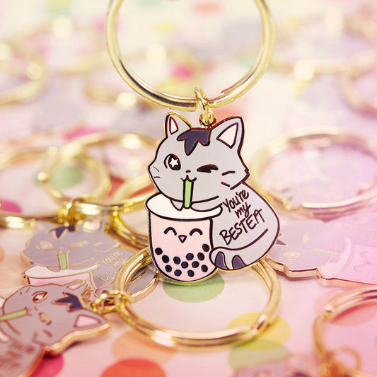 You're My Bestea Boba Cat Enamel Pin + Keychain + Vinyl Sticker BUNDLE [3 PCS]