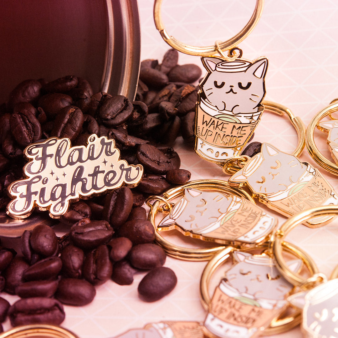 "Wake Me Up Inside" Coffee Cat Enamel Pin + Keychain + Vinyl Sticker BUNDLE [3 PCS]