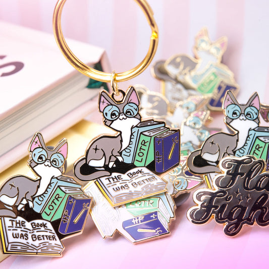 The Book Was Better (Cornish Rex Cat) Enamel Pin + Keychain + Vinyl Sticker BUNDLE [3 PCS]