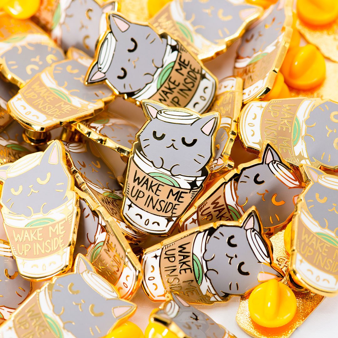 "Wake Me Up Inside" Coffee Cat Enamel Pin + Keychain + Vinyl Sticker BUNDLE [3 PCS]