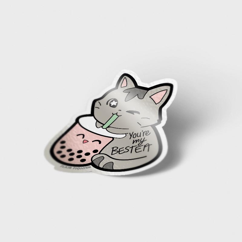 You're My Bestea Boba Cat Enamel Pin + Keychain + Vinyl Sticker BUNDLE [3 PCS]