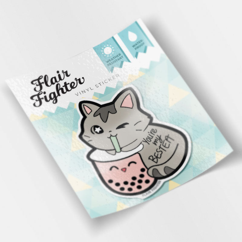 You're My Bestea Boba Cat Enamel Pin + Keychain + Vinyl Sticker BUNDLE [3 PCS]