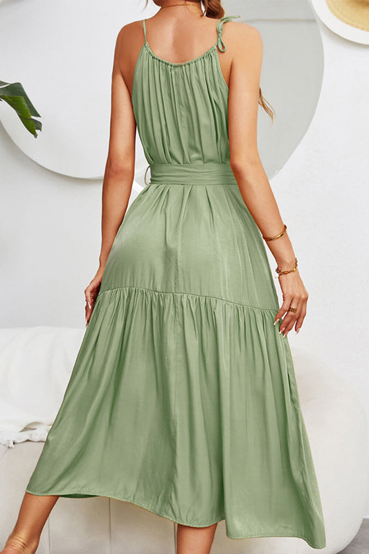 Tie-Waist Sleeveless Ruffle Hem Maxi Dress