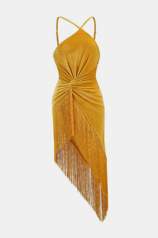 Velvet Twisted Asymmetrical Fringe Hem Dress