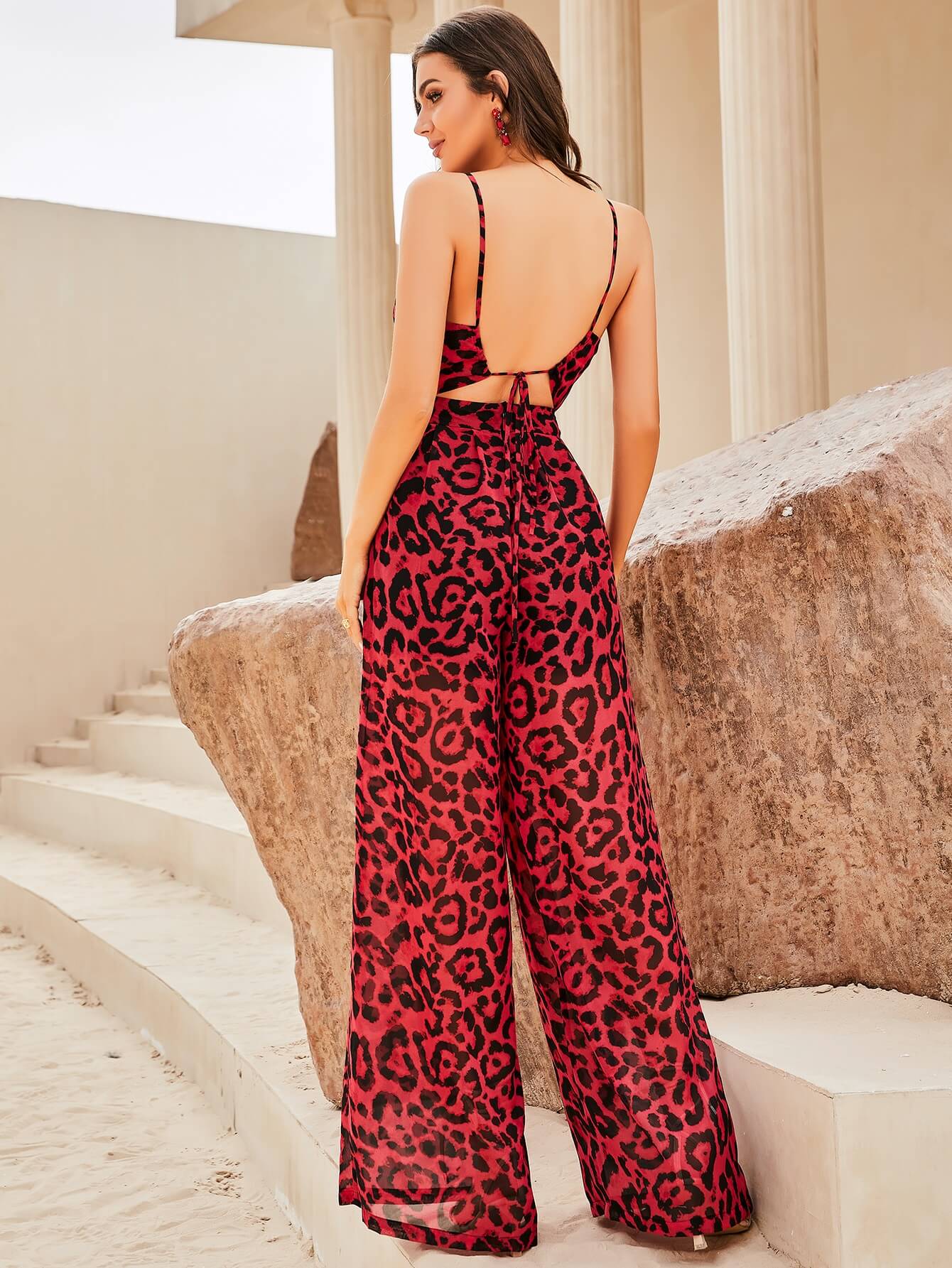 Leopard Cutout Spaghetti Strap Backless Jumpsuit