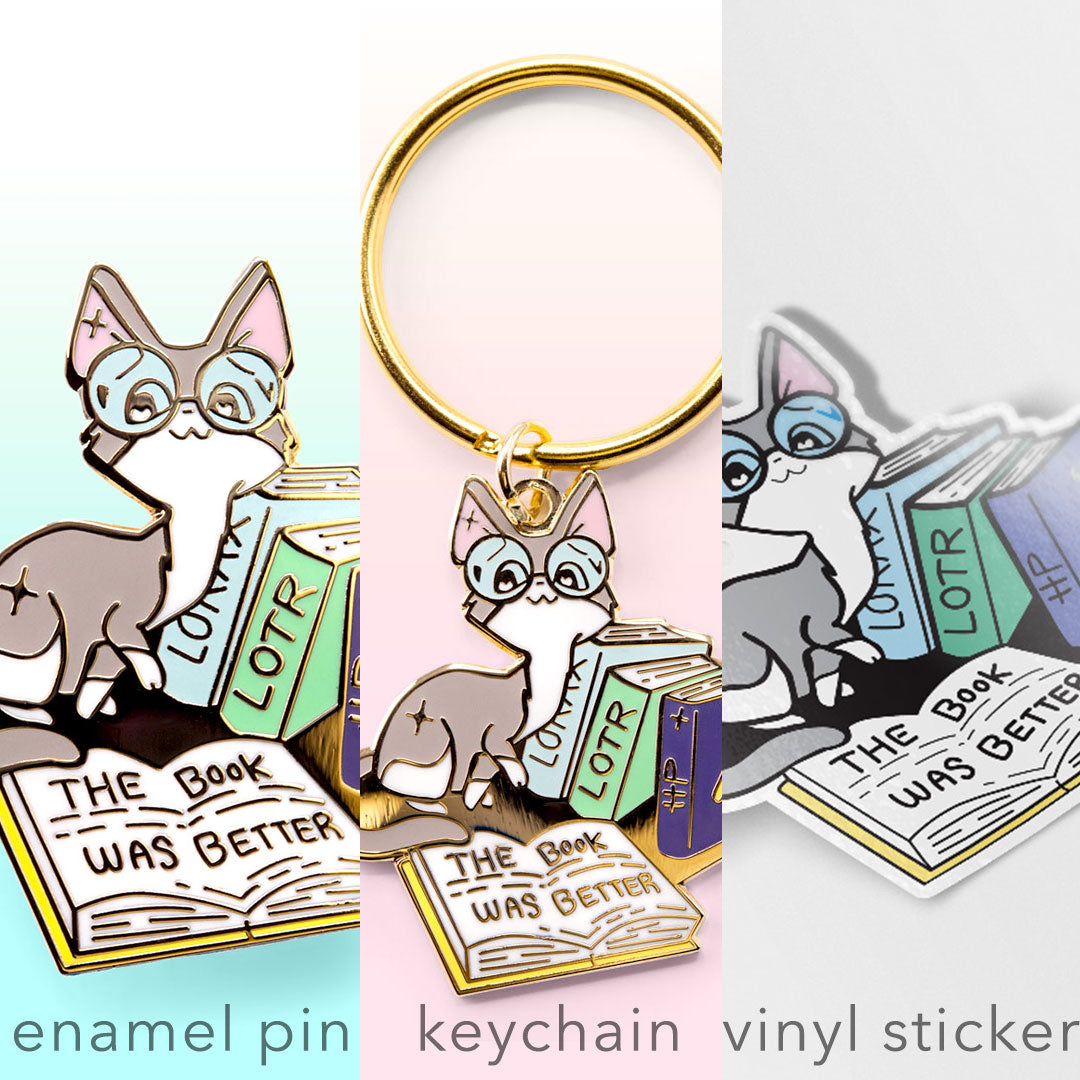 The Book Was Better (Cornish Rex Cat) Enamel Pin + Keychain + Vinyl Sticker BUNDLE [3 PCS]