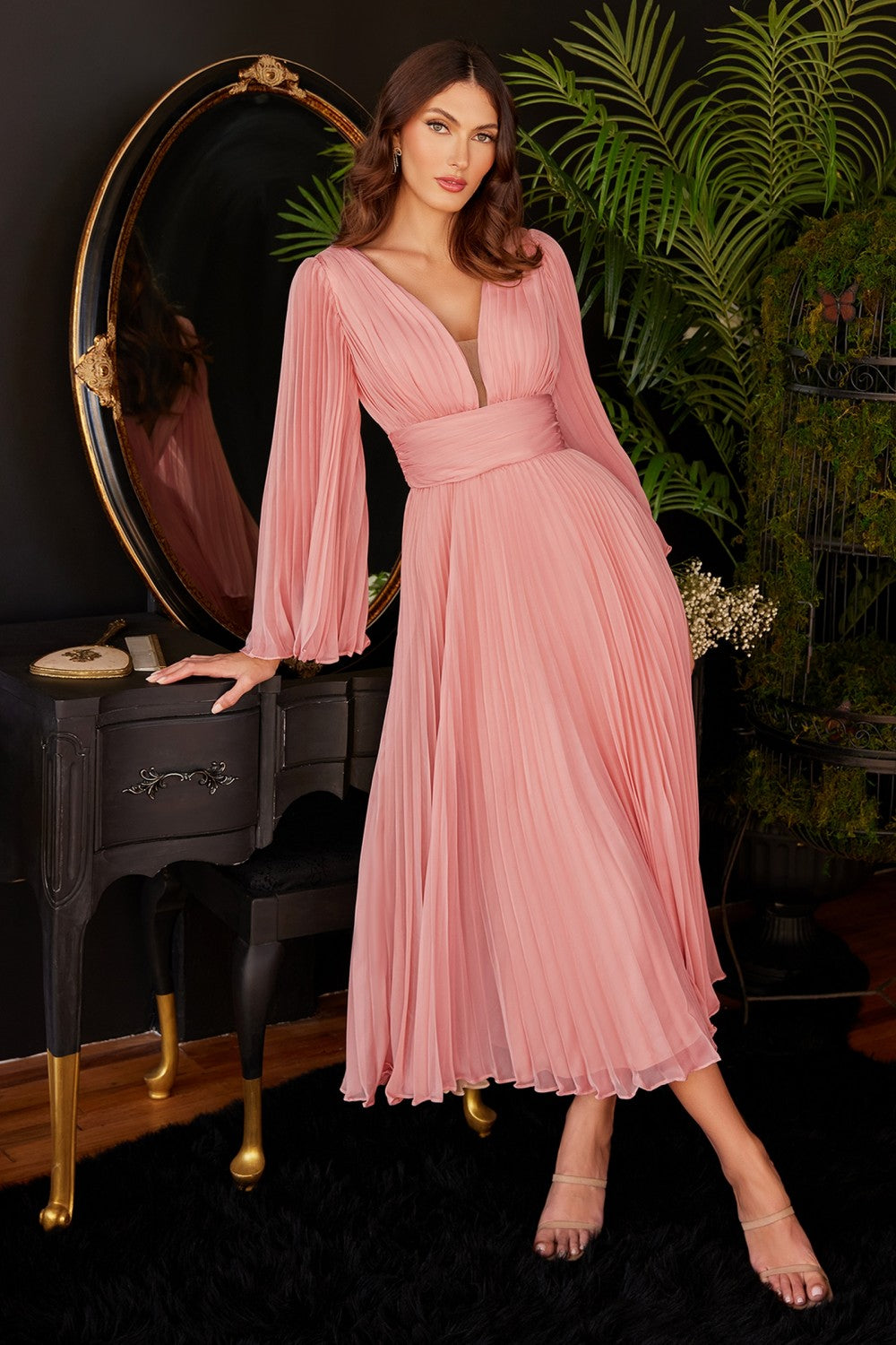 Pleat Chiffon Short Prom & Ball Gown Deep v-neckline Bodice with Open Back and Covered Shoulders Fairy Midi Tea Length Dress CDCD242S