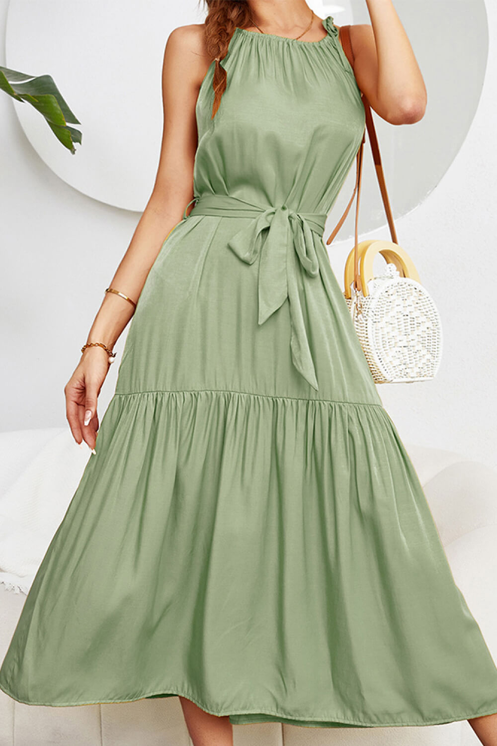 Tie-Waist Sleeveless Ruffle Hem Maxi Dress