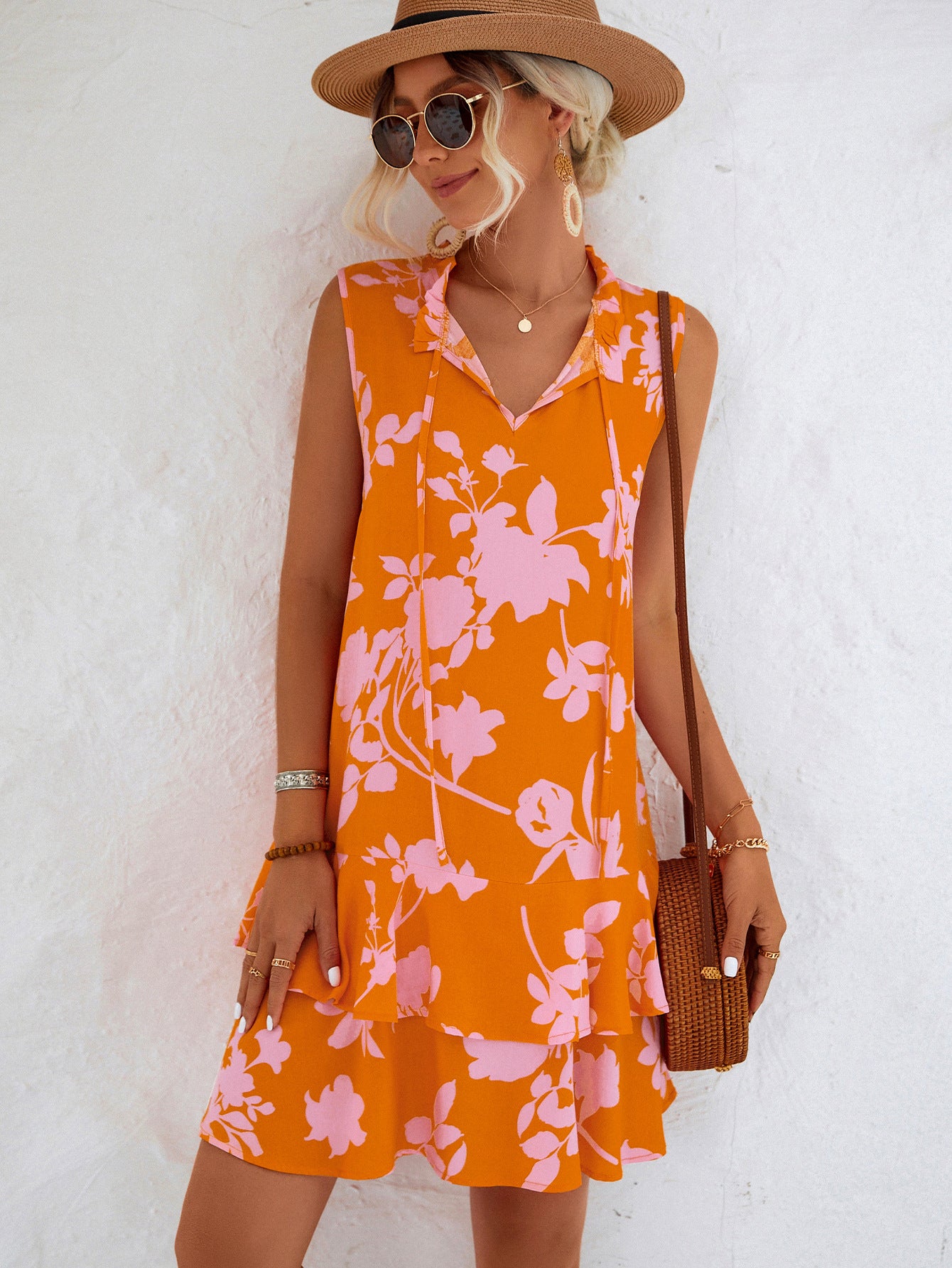 Floral Tie Neck Sleeveless Layered Dress