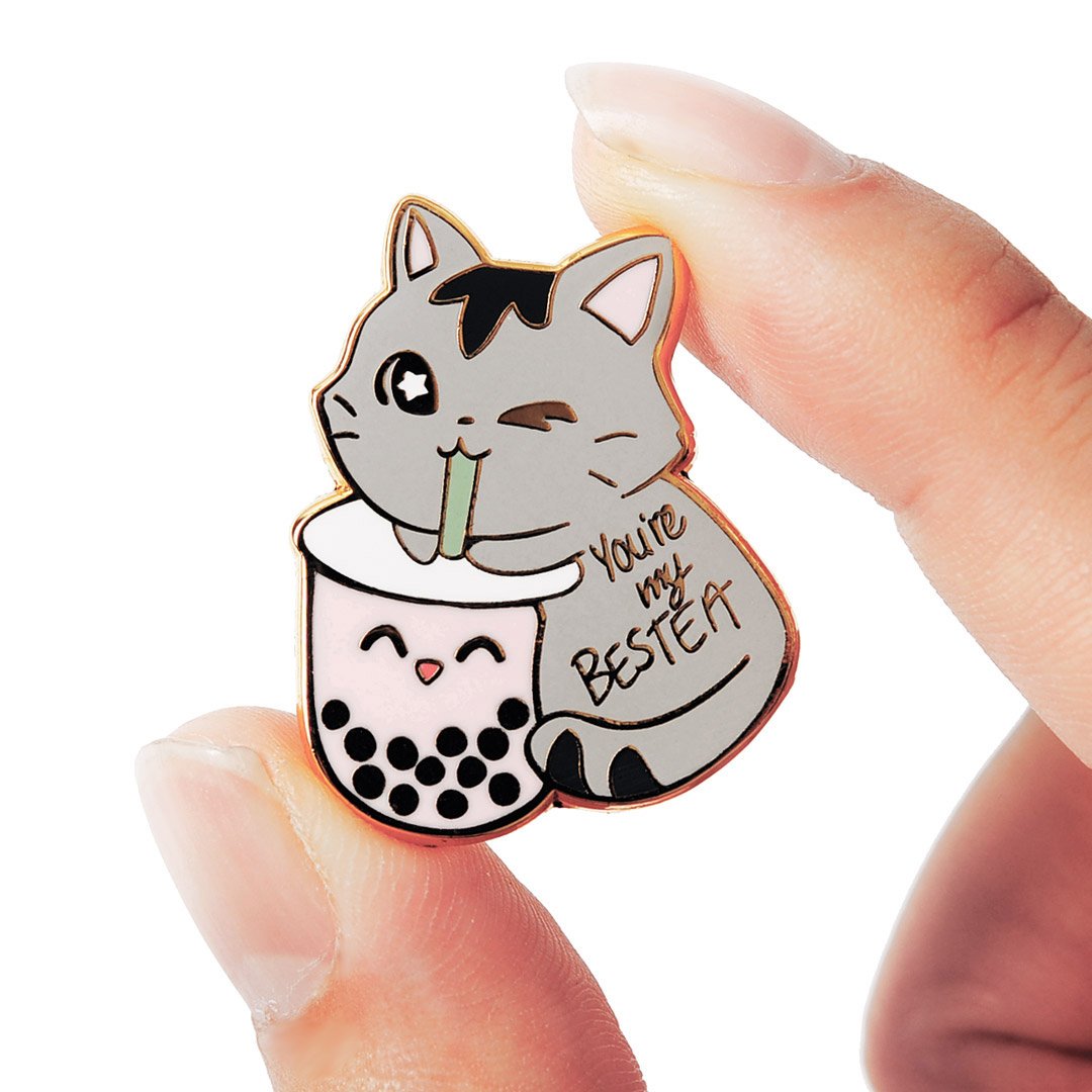 You're My Bestea Boba Cat Enamel Pin + Keychain + Vinyl Sticker BUNDLE [3 PCS]