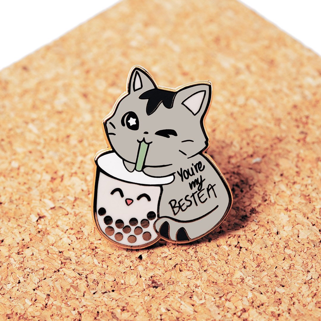 You're My Bestea Boba Cat Enamel Pin + Keychain + Vinyl Sticker BUNDLE [3 PCS]