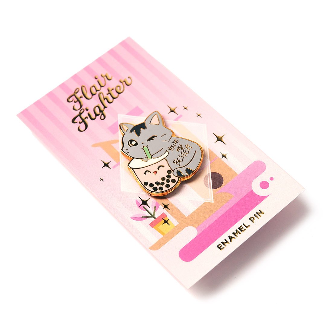 You're My Bestea Boba Cat Enamel Pin + Keychain + Vinyl Sticker BUNDLE [3 PCS]