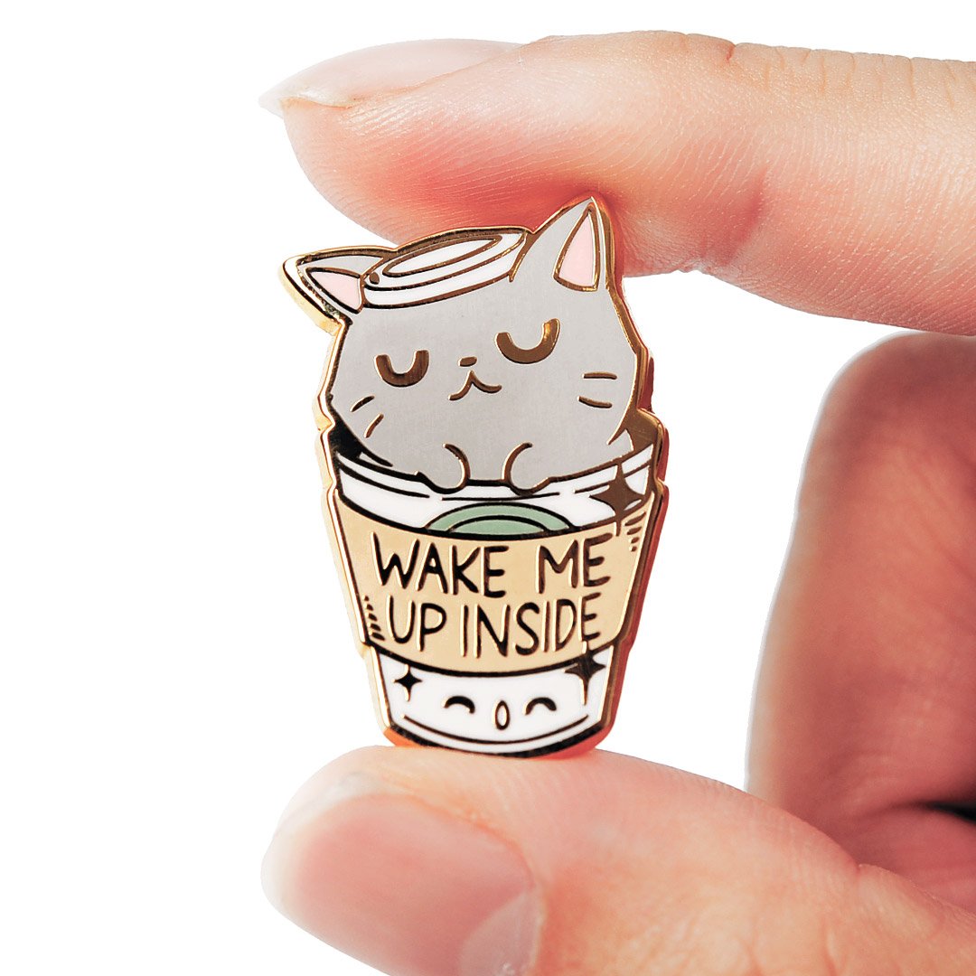 "Wake Me Up Inside" Coffee Cat Enamel Pin + Keychain + Vinyl Sticker BUNDLE [3 PCS]