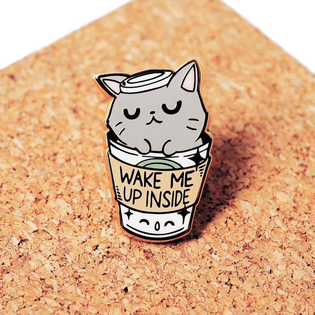 "Wake Me Up Inside" Coffee Cat Enamel Pin + Keychain + Vinyl Sticker BUNDLE [3 PCS]