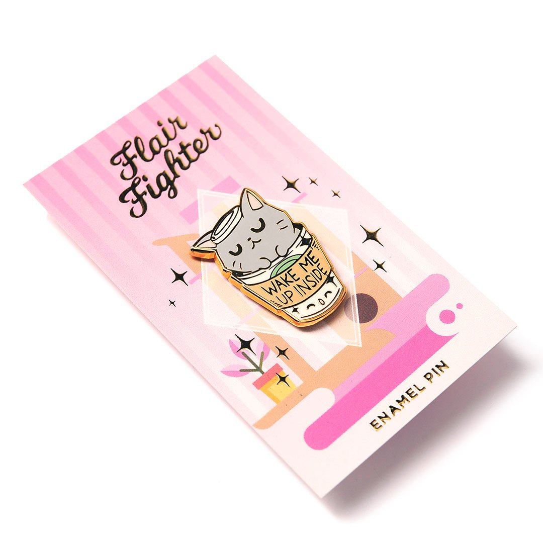 "Wake Me Up Inside" Coffee Cat Enamel Pin + Keychain + Vinyl Sticker BUNDLE [3 PCS]