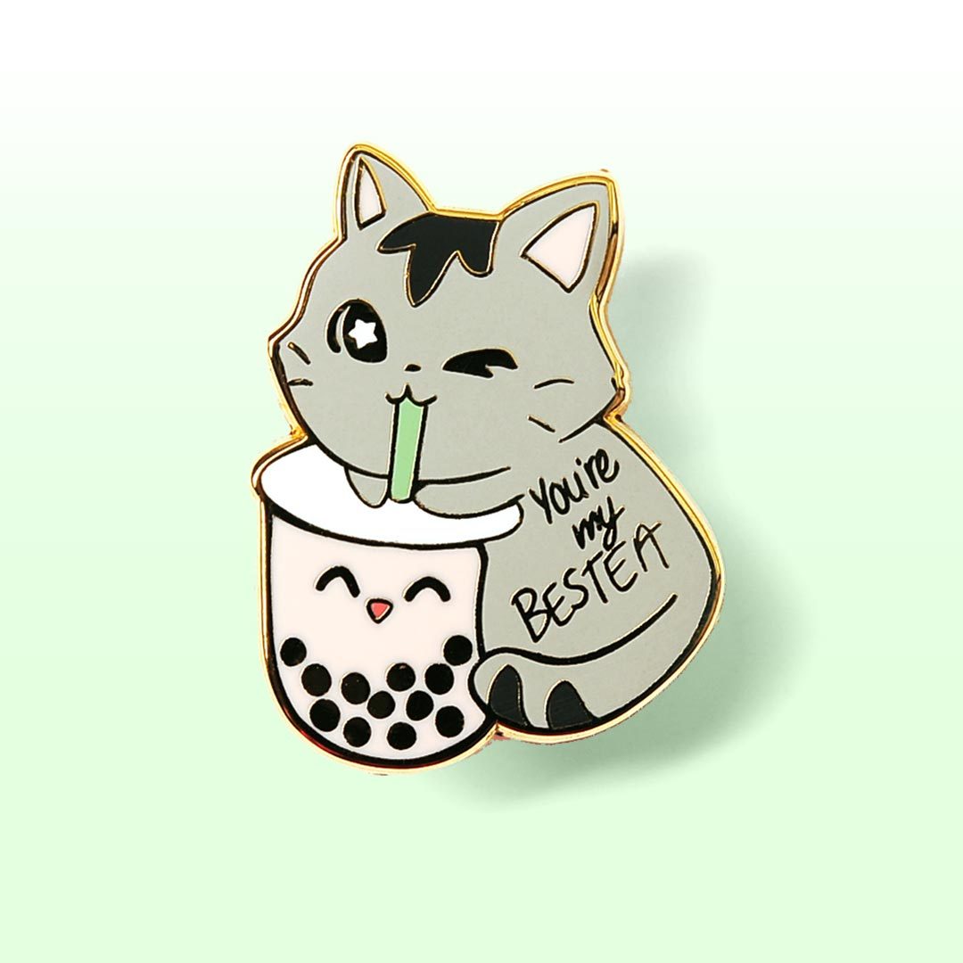 You're My Bestea Boba Cat Enamel Pin + Keychain + Vinyl Sticker BUNDLE [3 PCS]