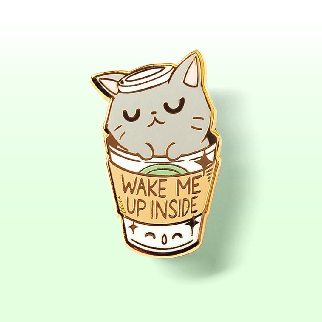 "Wake Me Up Inside" Coffee Cat Enamel Pin + Keychain + Vinyl Sticker BUNDLE [3 PCS]