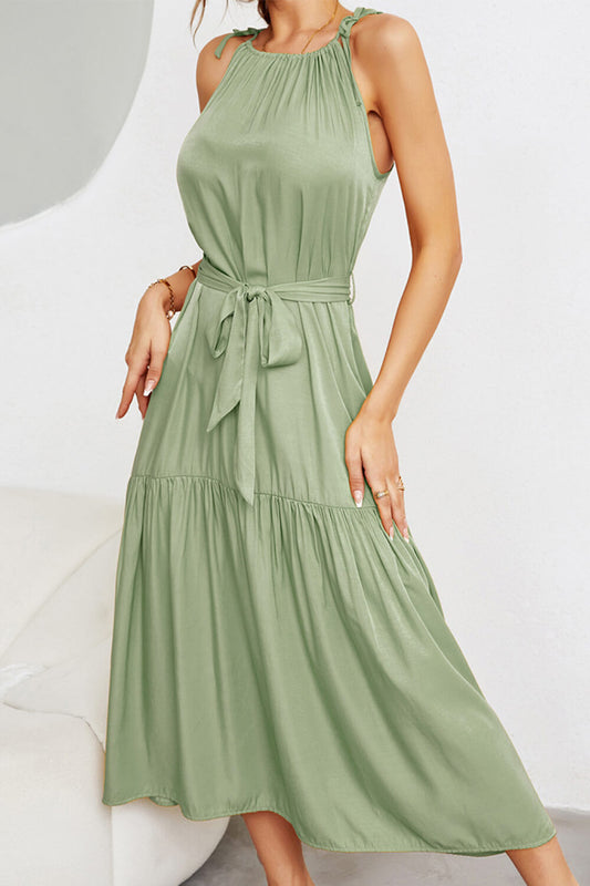 Tie-Waist Sleeveless Ruffle Hem Maxi Dress