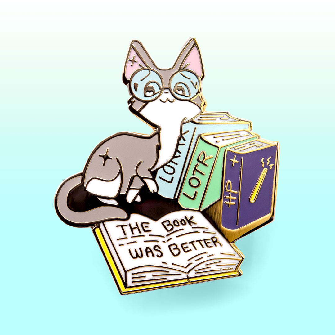 The Book Was Better (Cornish Rex Cat) Enamel Pin + Keychain + Vinyl Sticker BUNDLE [3 PCS]