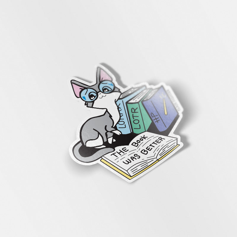 The Book Was Better (Cornish Rex Cat) Enamel Pin + Keychain + Vinyl Sticker BUNDLE [3 PCS]