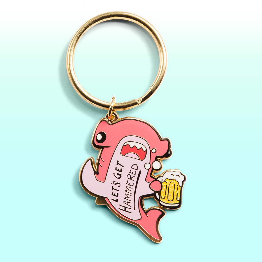 Let's Get Hammered Hammerhead Shark Enamel Keychain (Pink Variant)