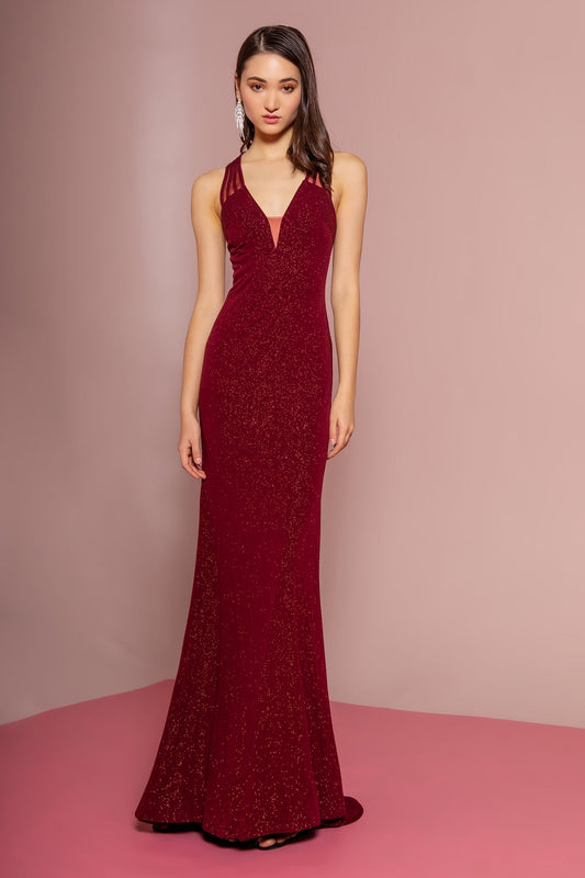 Glitter Crepe Illusion V-Neck Long Dress GLGL2704