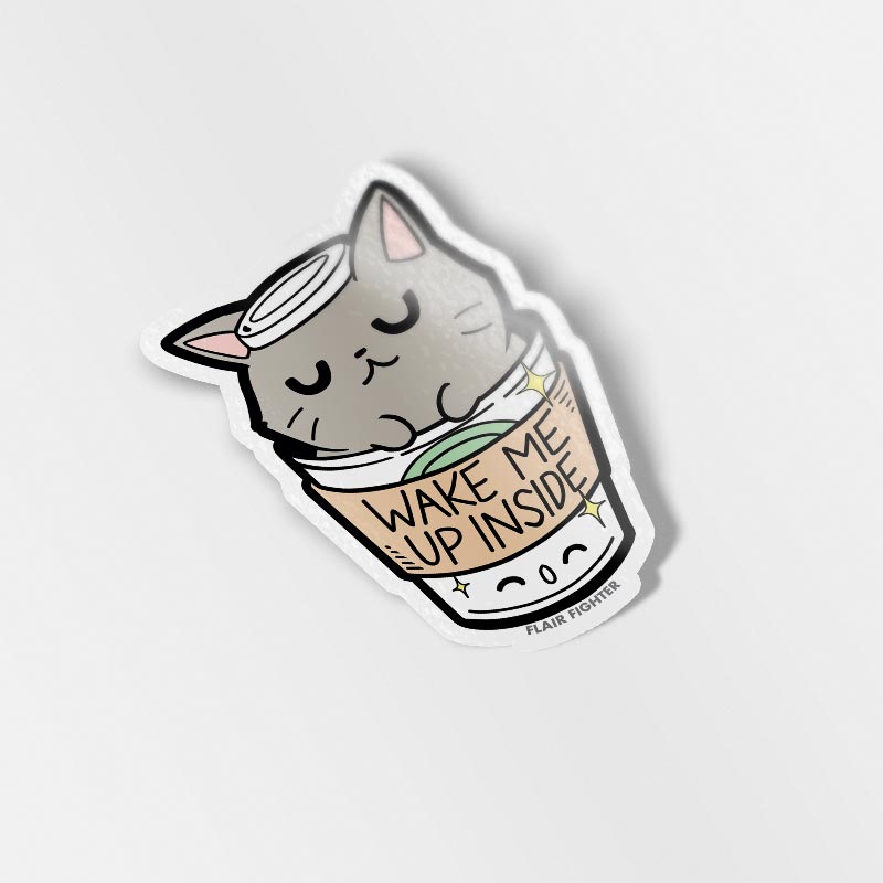 "Wake Me Up Inside" Coffee Cat Enamel Pin + Keychain + Vinyl Sticker BUNDLE [3 PCS]