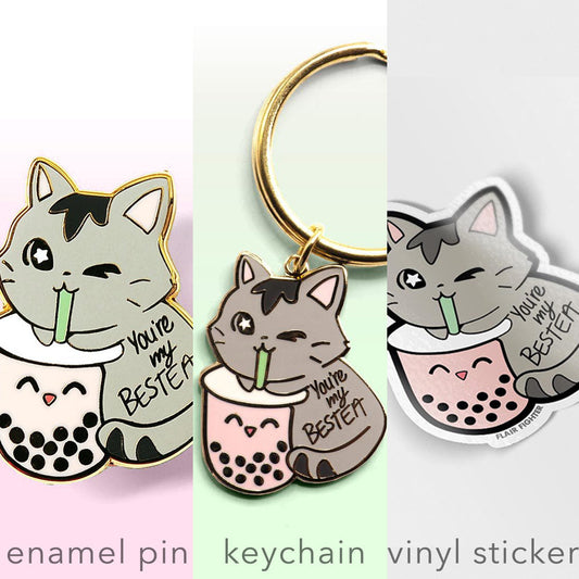 You're My Bestea Boba Cat Enamel Pin + Keychain + Vinyl Sticker BUNDLE [3 PCS]